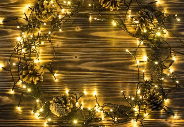 Luce Natale Sfondo Legno Vista Dall Alto Con Copyspace Luci — Foto Stock