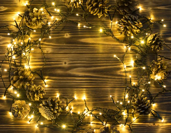 Lumière Noël Sur Fond Bois Vue Dessus Avec Copyspace Lumières — Photo