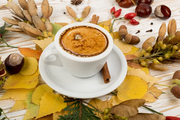 Floral Autumn Background Mug Coffee Surrounded Leaves Autumn Tree Seeds — Stock Photo, Image