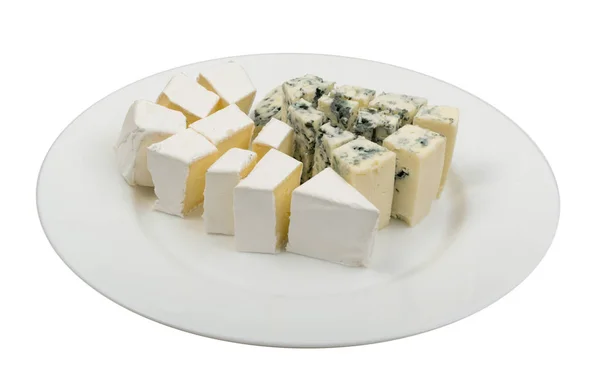 Doğranmış Camamber Brie Neufchatel Veya Danablue Mavi Peynir Beyaz Arka — Stok fotoğraf