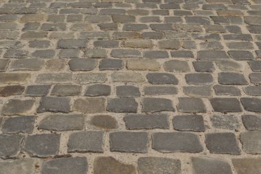 Grey Old Pavement Top View veya Granite Cobblestone Yolu. Antik Tuğla Parke Taşlı Zemin ya da Granit Döşeme Sokağı Büyük Taşlı