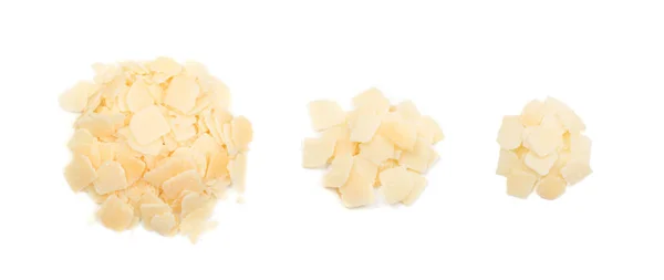 Pile Parmesan Cheese Flakes Crumbs Isolated White Background Square Pieces — Stock Photo, Image