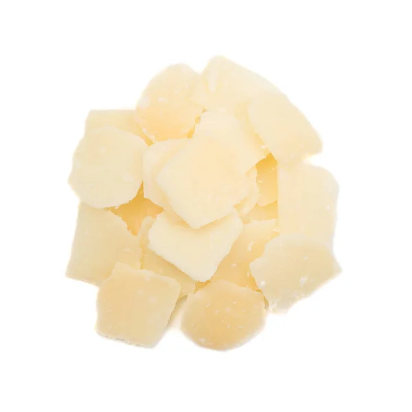 Hromada Hoblinami Sýru Parmazánu Drobky Izolovaných Bílém Pozadí Čtvercové Kusy — Stock fotografie
