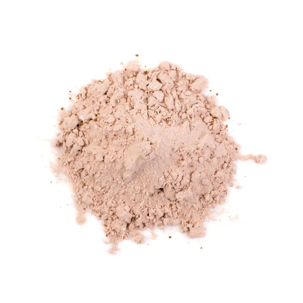 Whey cocoa protein powder for brown fitness shake isolated on white background top view. Chocolate supplement powder pile close up