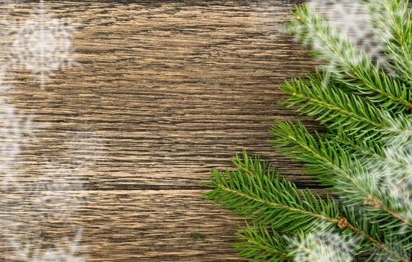 Weihnachtlicher Hintergrund Mit Tannenzweigen Auf Holzkulisse Flach Liegend Und Von — Stockfoto