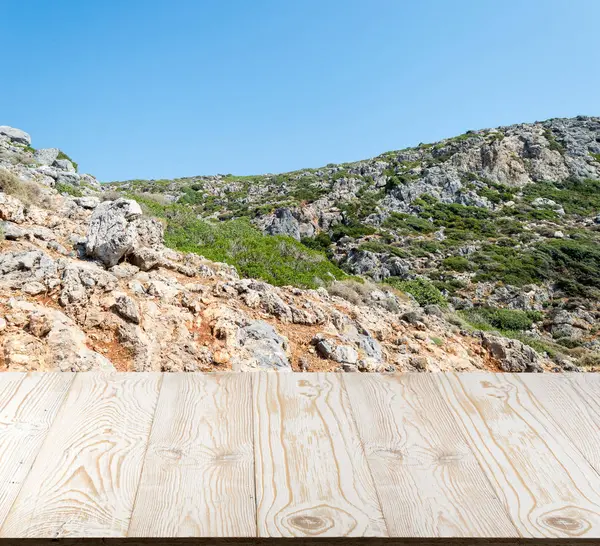 Wood Table Mountain View Beautiful Summer Day Rustic Wooden Desk — Stock Photo, Image