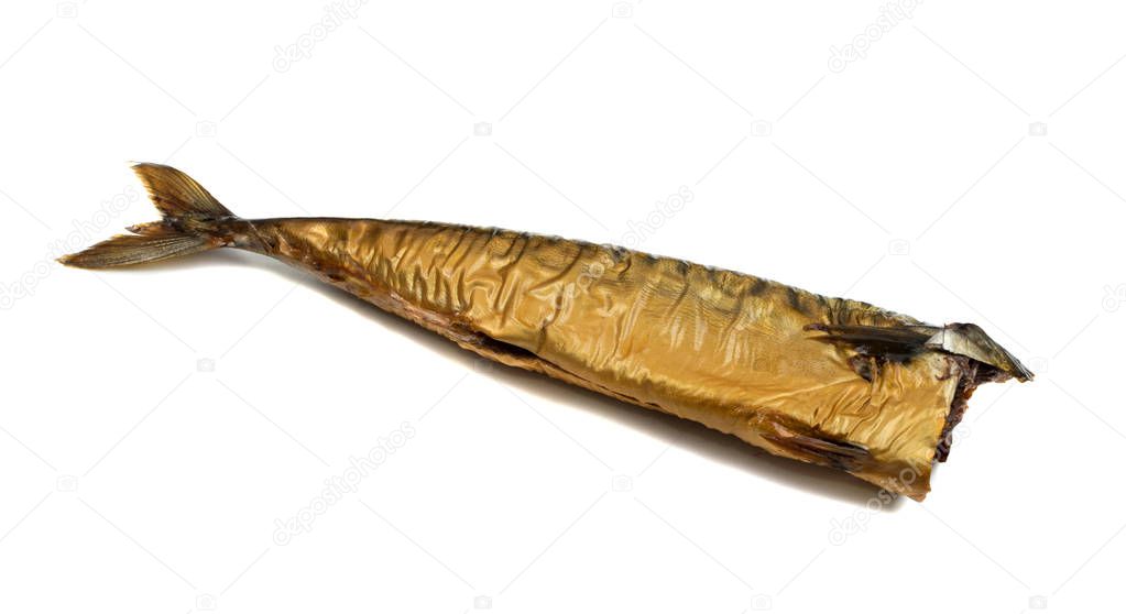 Cold hot smoke mackerel isolated on white background close up. Yummy salted and smoked fish with condiments for seafood kitchen