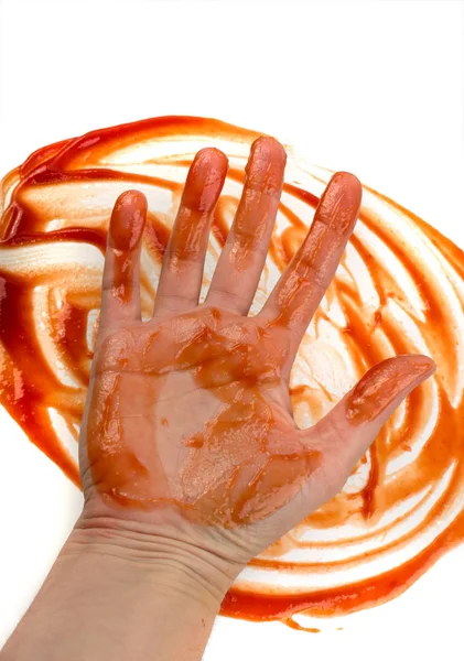 Hand Tomatenketchup Eingeschmiert Ähnlich Wie Blut Auf Dem Hintergrund Der — Stockfoto