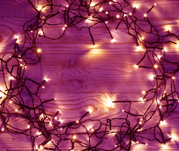 Luce Natale Sfondo Legno Vista Dall Alto Con Copyspace Luci — Foto Stock