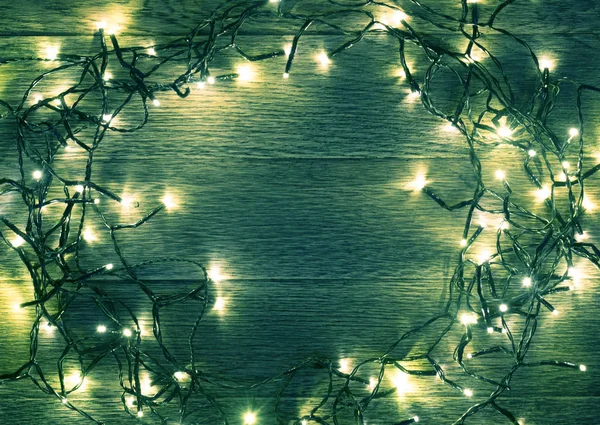 Boże Narodzenie Światła Podłoże Drewniane Widok Góry Lato Garland Światła — Zdjęcie stockowe