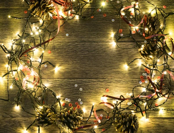 Luce Natale Sfondo Legno Vista Dall Alto Con Copyspace Luci — Foto Stock