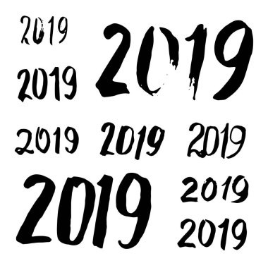 Vintage mürekkep neşeli Noel ve mutlu yeni yıl set 2019 tebrik kartı hat kabataslak. Elle çizilmiş vektörel yazı tipi numaraları koleksiyonu Çin tarzı yazı