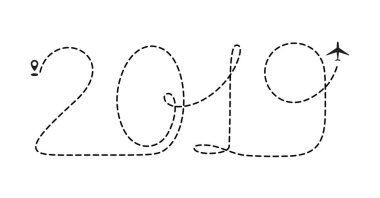 Uçak 2019 noktalı yolu, uçak izleme, izleme veya yol vektör çizim. Gelin, yol, hava yolları hat için yeni yıl uçak parça