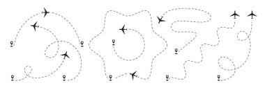 Airplane dotted path, aircraft tracking, trace or road vector illustration. Plane track to point, line way, air lines collection clipart