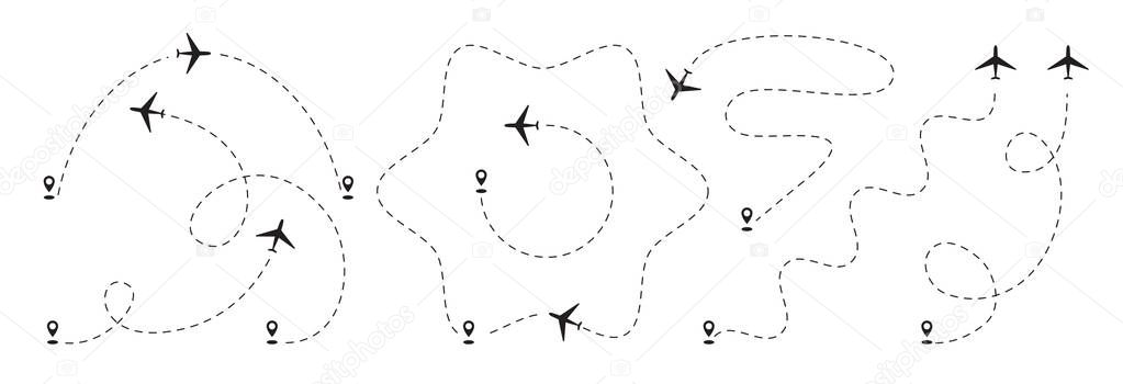 Airplane dotted path, aircraft tracking, trace or road vector illustration. Plane track to point, line way, air lines collection