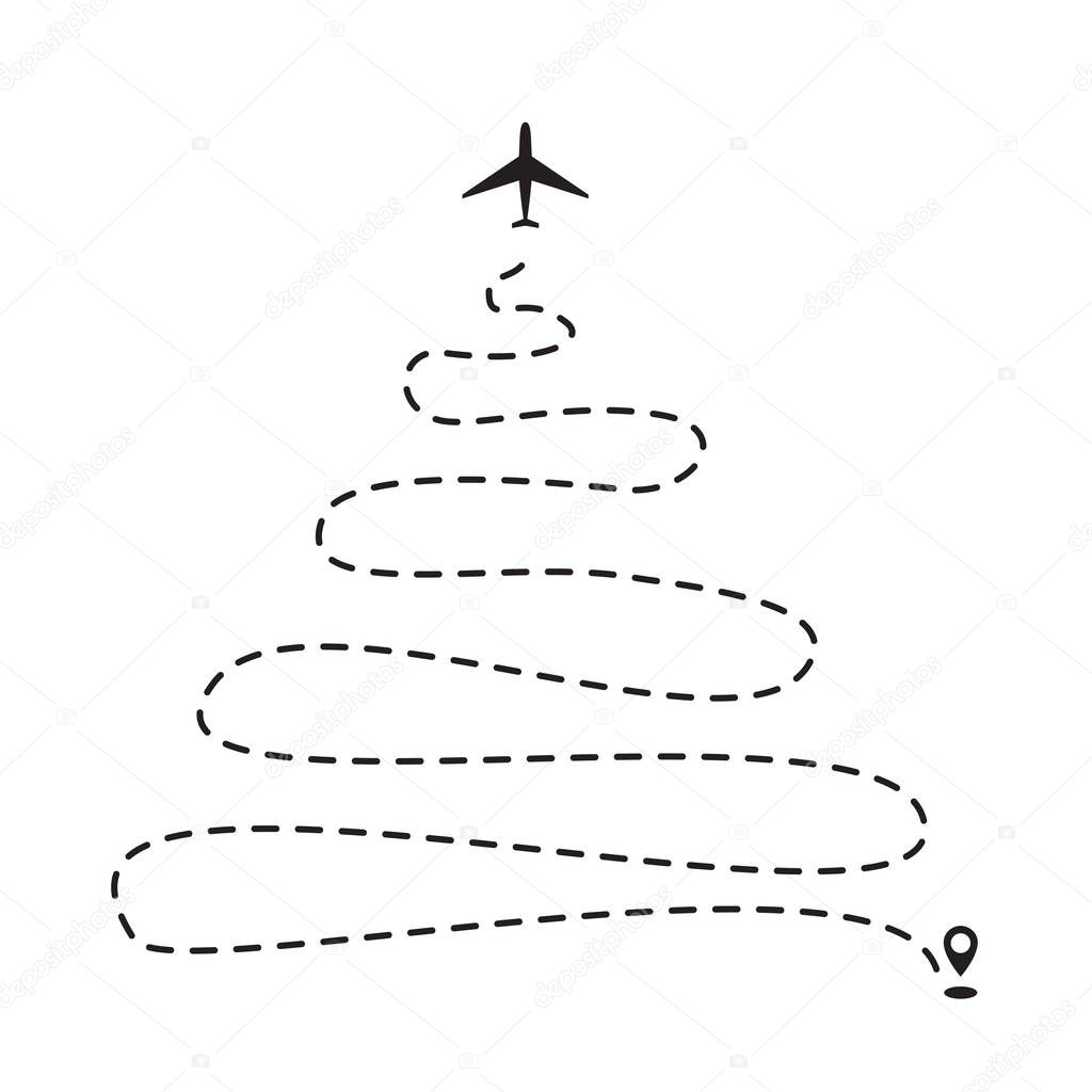 Airplane 2019 Christmas tree dotted path, aircraft tracking, trace or road vector illustration. New Year plane track to point, line way, air lines