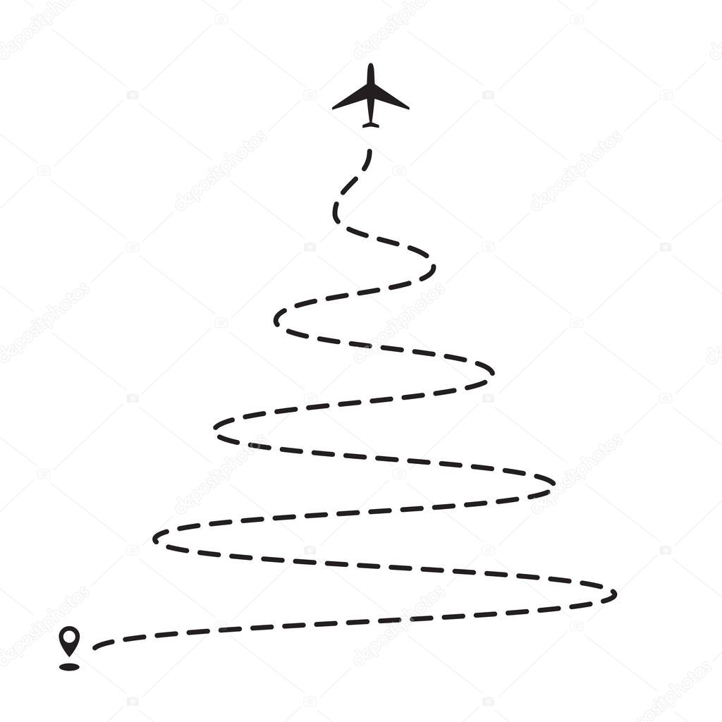 Airplane 2019 Christmas tree dotted path, aircraft tracking, trace or road vector illustration. New Year plane track to point, line way, air lines