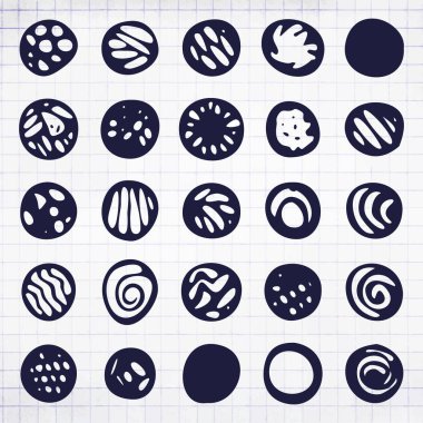 Kabataslak el yazısı mavi kalem Doodle kenarlıklar veya daireler kümesidir. El vektör çizim karalama daire kare defter kağıda çizilmiş.