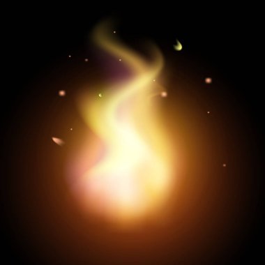 Gerçekçi yaratıcı sıcak vektör alevler ateş ya da koyu arka plan ateşin ortasına blaze. Siyah arka plan üzerine izole gecede turuncu ve sarı renkli kamp ateşi