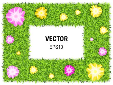Yeşil çim dikdörtgen arka plan çiçekler ile 3D vektör çizim. Eco çerçeve veya metin için yer ile sınır