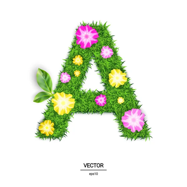 Lettre Herbe Verte Texture Fleurs Illustration Vectorielle Isolée Sur Fond — Image vectorielle
