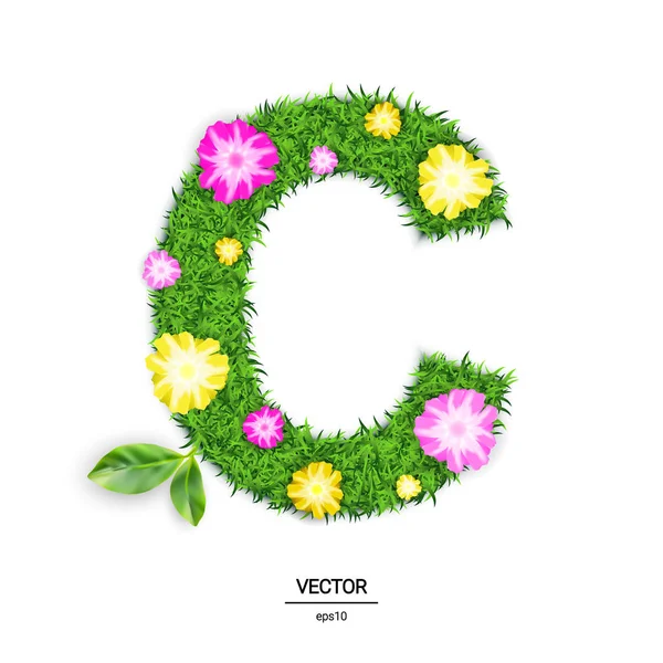 Lettre Herbe Verte Texture Fleurs Illustration Vectorielle Isolée Sur Fond — Image vectorielle