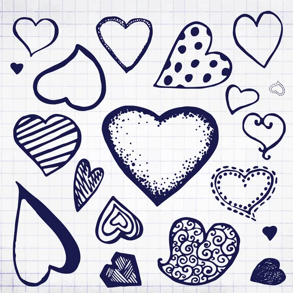 Doodle Ručně Kreslenou Modrý Inkoust Srdce Ikony Nastavit Láska Ikony — Stockový vektor