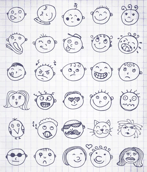 Set Tiga Puluh Tangan Ditarik Vektor Emoticon Kumpulan Senyum Bergambar - Stok Vektor
