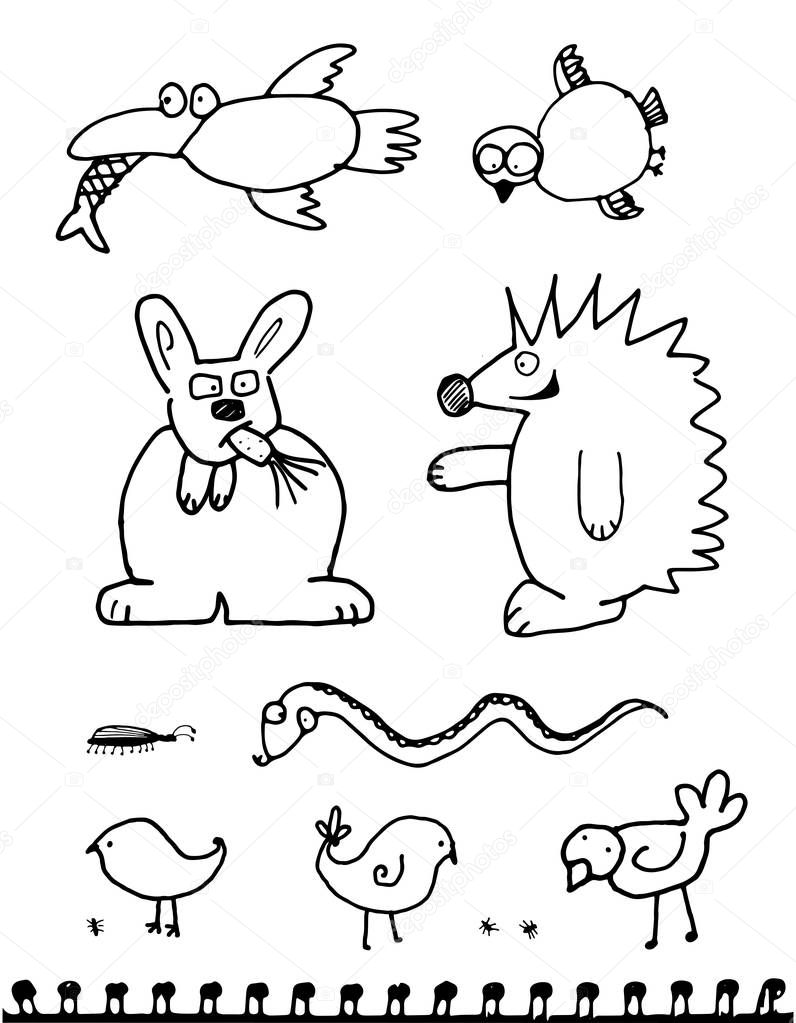 Hand drawn doodle odd animals isolated. Crazy glutton rabbit, funny sketch birds, crow with fish, strange sociable hedgehog and indifferent boa vector illustration