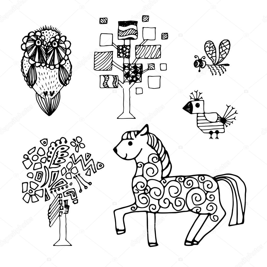 Hand drawn vector ink doodle fairy tale animals and plants isolated on white backgrouns. Cute horse, fantastic owl, bird and insect among the magic trees for fairytale illustrations