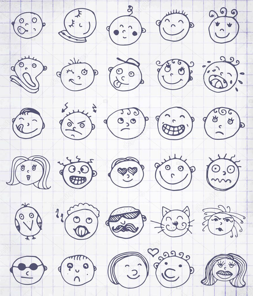 Set of thirty hand drawn vector emoticons. Collection of sketched smileys with a different facial expression and emotion on notebook sheet