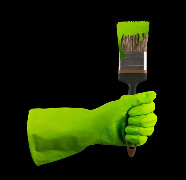 Kéz Zöld Gumi Védősapkák Kesztyű Fekete Háttér Vágógörbe Elszigetelt Kesztyűs — Stock Fotó