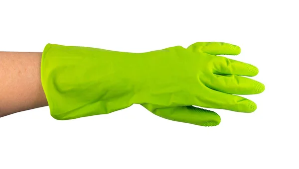 Hand Groene Rubberen Handschoen Geïsoleerd Een Witte Achtergrond Met Uitknippad — Stockfoto