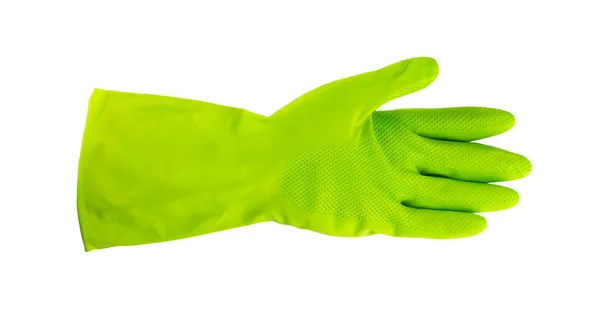 手在绿色保护橡胶手套查出在白色背景与剪裁路径 — 图库照片