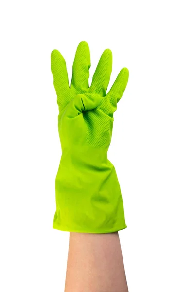 手在绿色保护橡胶手套隔离在白色背景与剪裁路径 用四个手指举起戴手套的手 — 图库照片