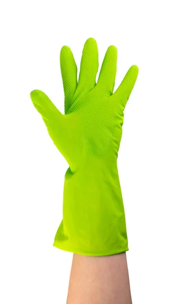 手在绿色保护橡胶手套隔离在白色背景与剪裁路径 用五个手指举起戴手套的手 — 图库照片