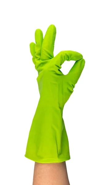 手在绿色保护橡胶手套隔离在白色背景与剪裁路径 举起戴手套的手与好的手势 — 图库照片