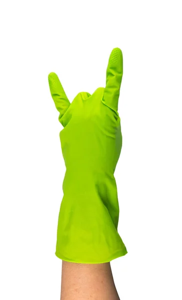 Kéz Zöld Védő Gumikesztyű Elszigetelt Fehér Background Vágógörbét Felemelte Kesztyűs — Stock Fotó