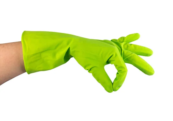 Hand Groene Rubberen Handschoen Geïsoleerd Een Witte Achtergrond Met Uitknippad — Stockfoto