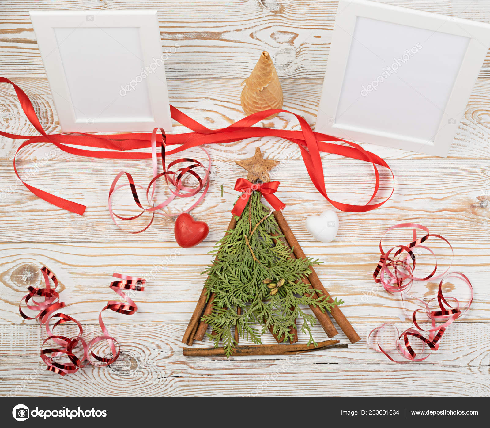 Christmas Decorations Collage Made Cinnamon Sticks Hearts