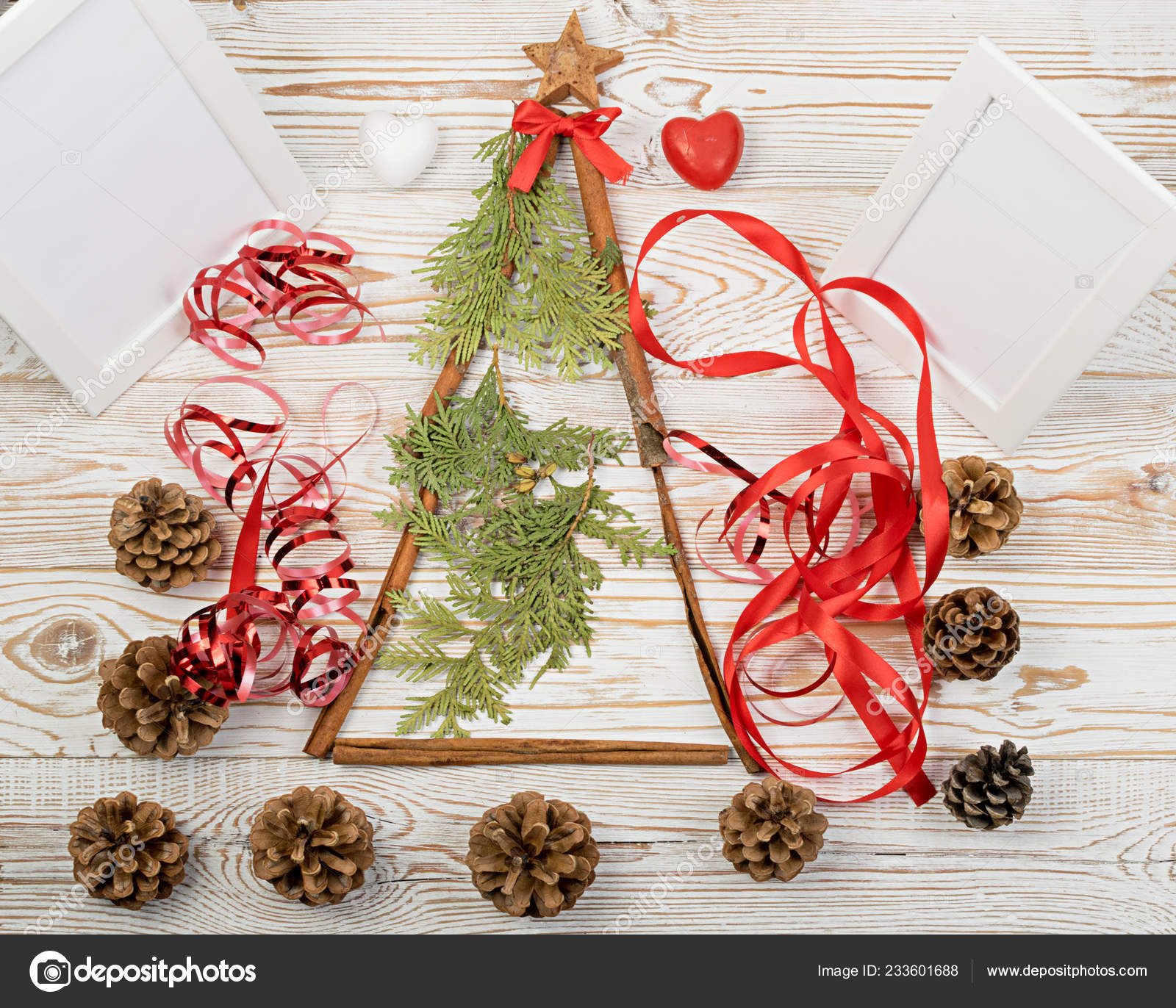 Christmas Decorations Collage Made Cinnamon Sticks Fir Cones