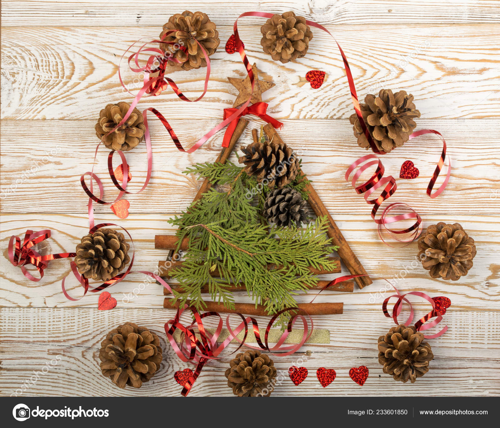 Christmas Decorations Collage Made Cinnamon Sticks Fir Cones