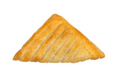 Tatlı puf böreği ya da izole kırpma yolunu üstten görünüm ile beyaz zemin üzerine pate feuilletee örgülü. Taze phyllo hamur işleri veya üçgen börek içinde elma reçel ile yakından