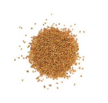 Dried organic alfalfa seeds or dry medicago sativa isolated on white background. Heap of lucerne seed top view clipart