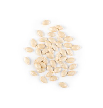 Kabak, kabak, kabak, dekoratif balkabağı veya sebze çekirdeği. Beyaz arka planda izole edilmiş kuru tohumlar. Yakın plan ve üst manzara.