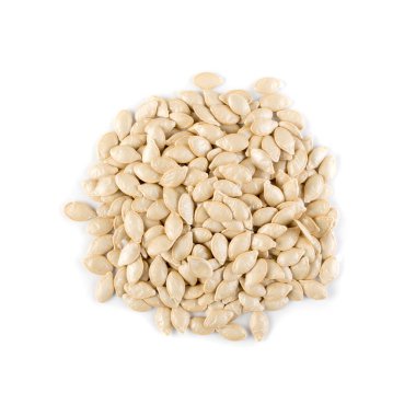 Kabak, kabak, kabak, dekoratif balkabağı veya sebze çekirdeği. Beyaz arka planda izole edilmiş kuru tohumlar. Yakın plan ve üst manzara.