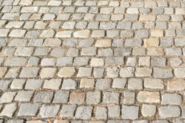 Grey Old Pavement Top View veya Granite Cobblestone Yolu. Antik Tuğla Parke Taşlı Zemin ya da Granit Döşeme Sokağı Büyük Taşlı