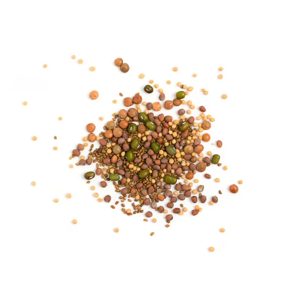 Edible seed mix with dry radish, mustard, lentils, alfalfa seeds and mung beans isolated on white background. Seed mixture for healthy nutrition