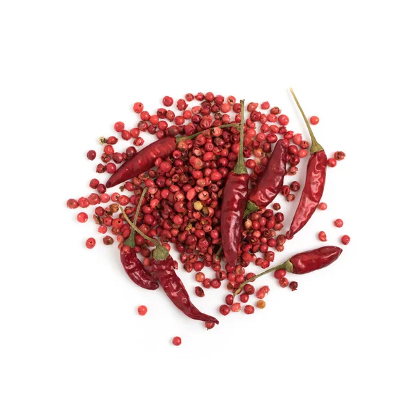 Heap Dry Red Chili Peppers Pink Pepper Isolated White Background — Fotografia de Stock