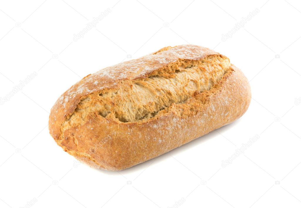 Homemade Freshly Baked Traditional Bread Isolated on White Background Close Up. Whole Loaf of Rustic Organic Cereal Bread Made of Sourdough Dough